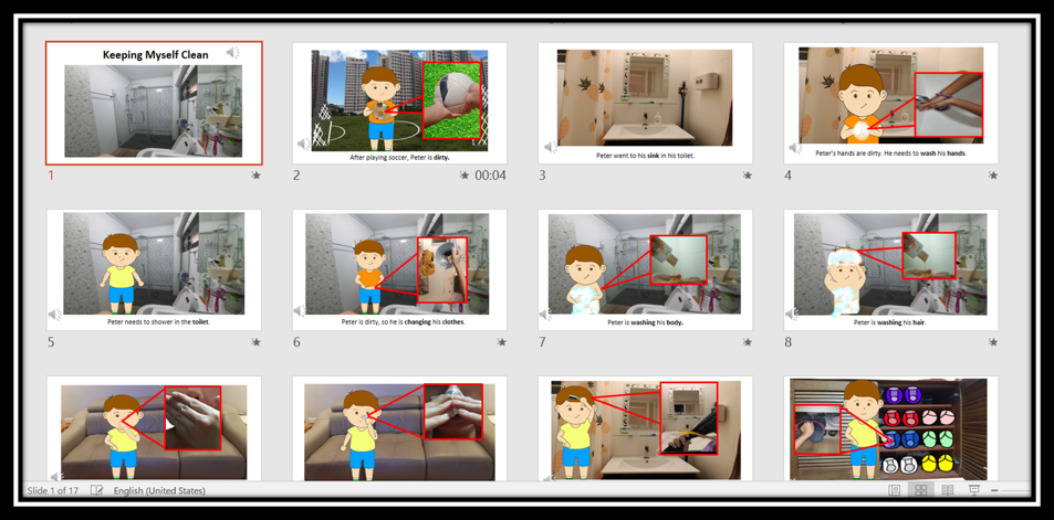 Slideshow titled Keeping Myself Clean showing 12 slides with a cartoon boy and real photos demonstrating hygiene steps.