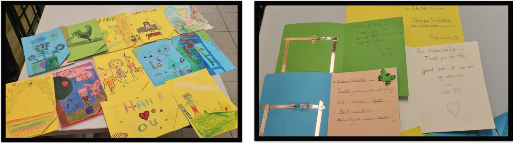 Handmade thank-you cards with children's drawings and handwritten notes spread across a table.