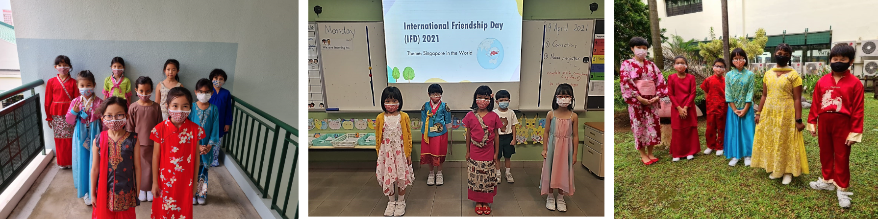 Children in colorful traditional outfits and masks celebrating International Friendship Day 2021 at school.