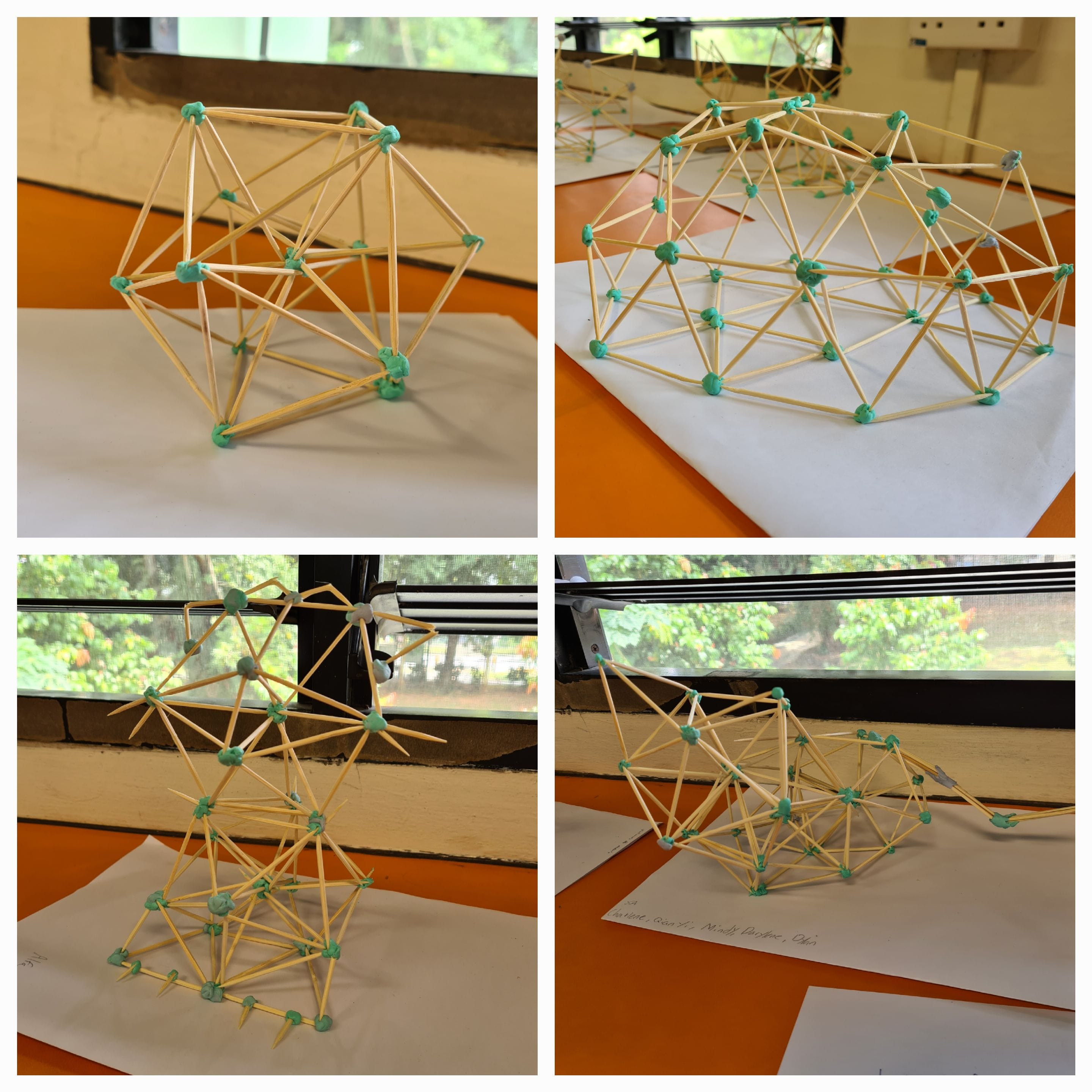 Four geometric structures built with wooden sticks and green clay connectors, shown from different angles on orange tables.