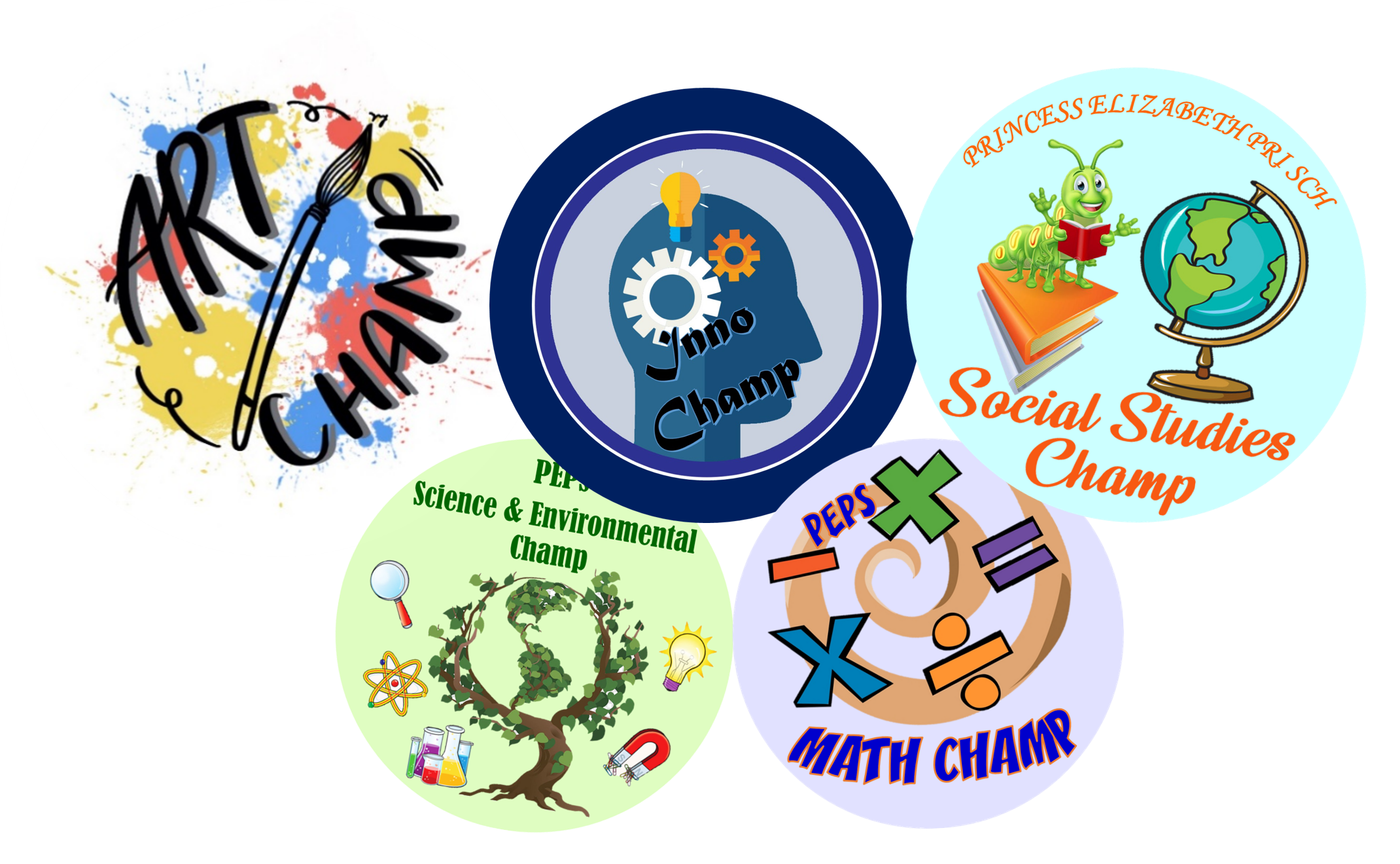 Five colorful circular badges for Art, Inno, Social Studies, Science, and Math Champ awards.