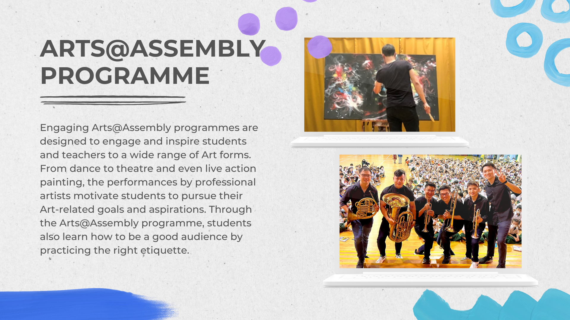 Flyer for Arts@Assembly Programme showing a live painter and brass musicians posing before a student audience.