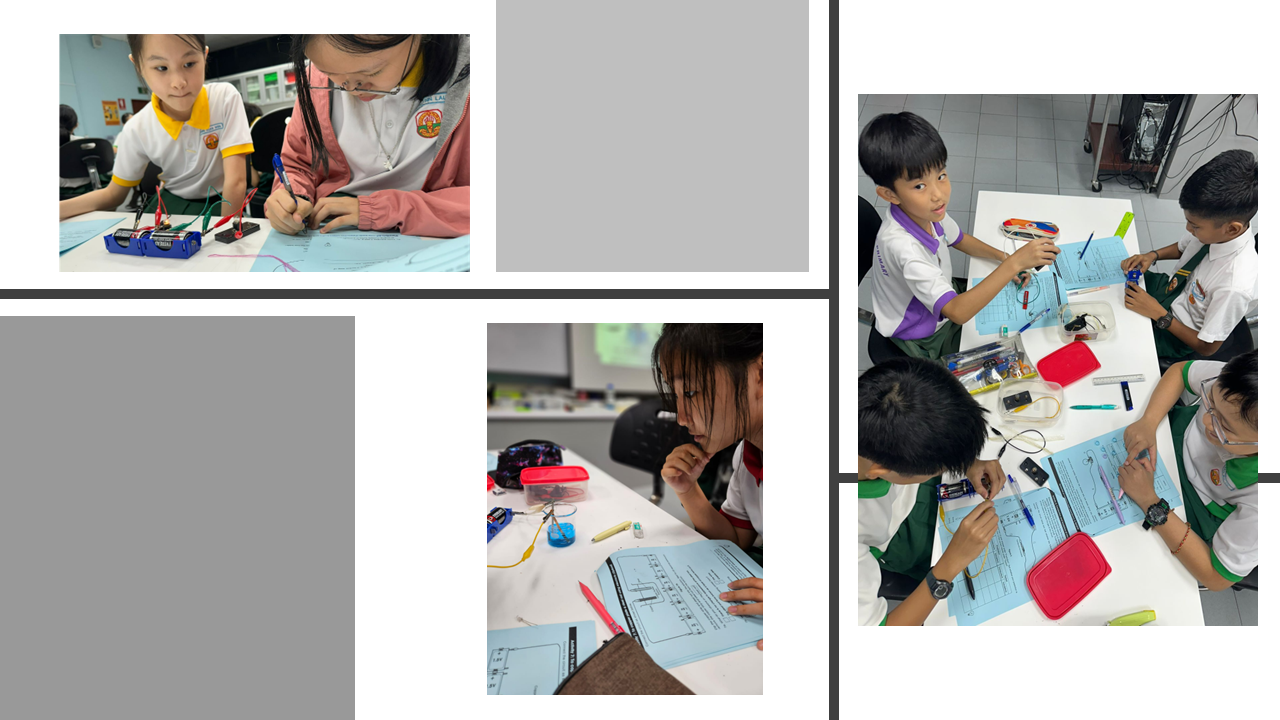 Three photos of school students in uniforms doing hands-on science activities with circuit components and worksheets.