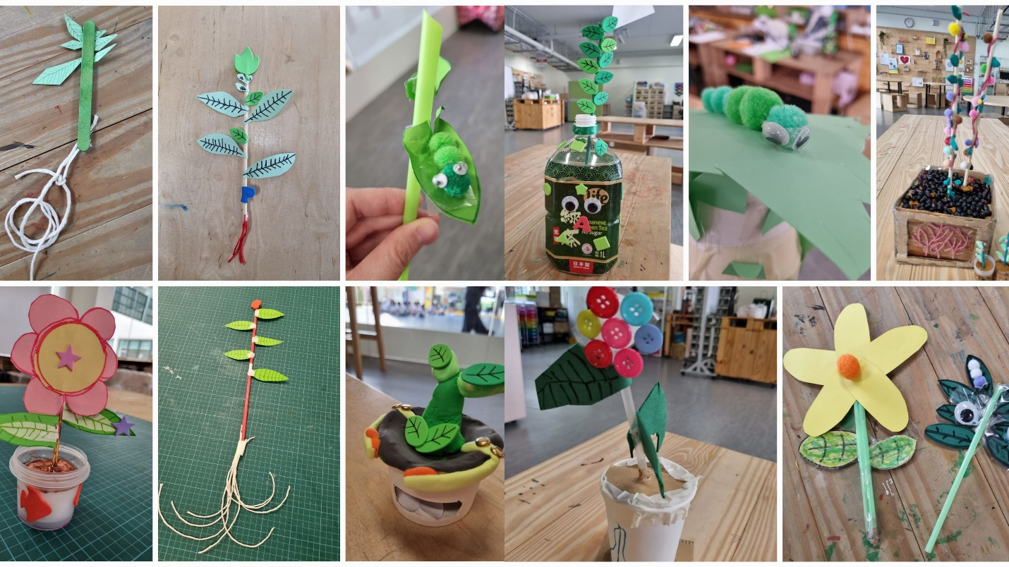 Collage of colorful handmade plant crafts using paper, buttons, pom-poms, straws, and recycled materials.