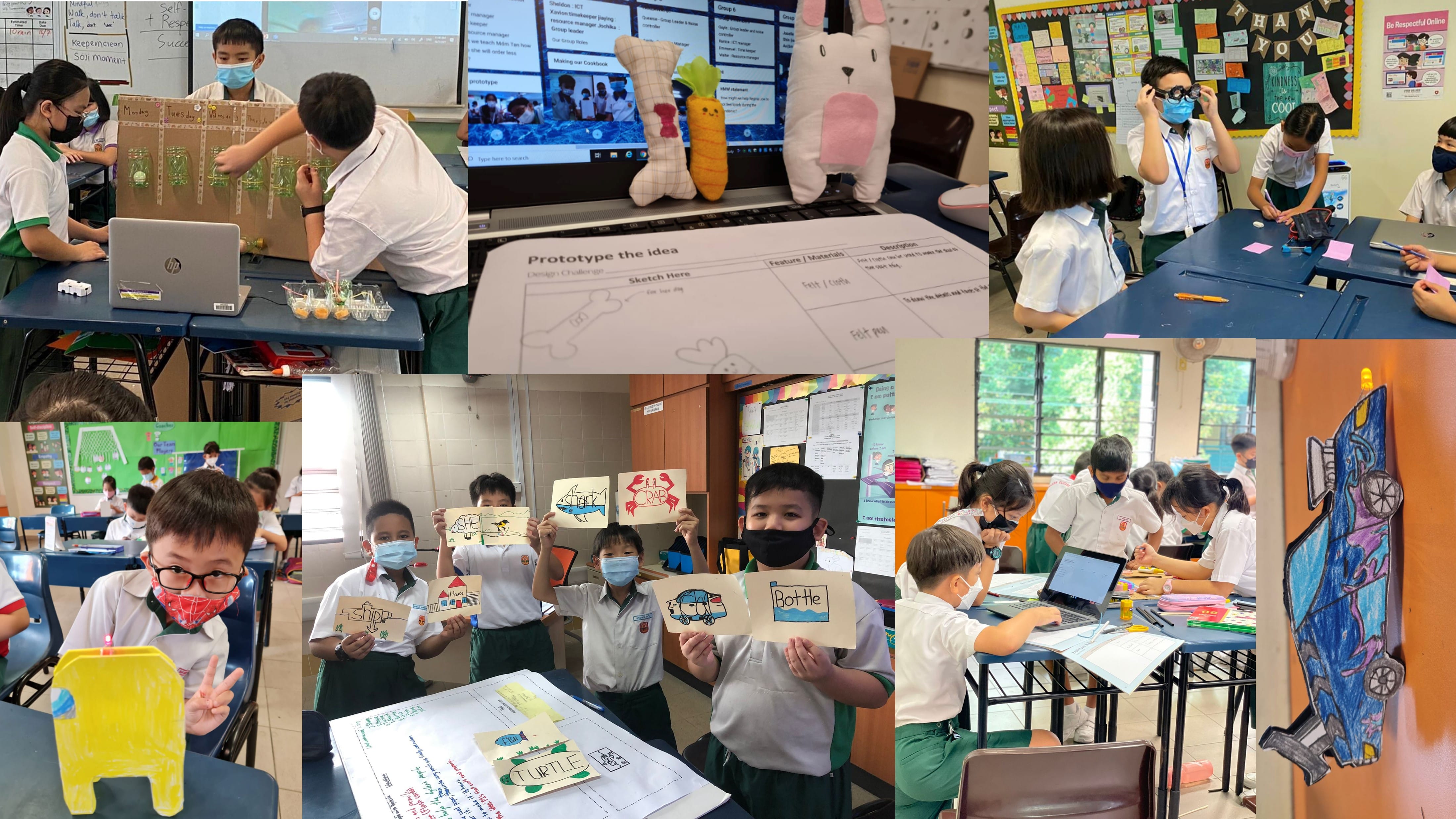 Collage of masked school children doing classroom activities including prototyping, drawing, and holding handmade cards.