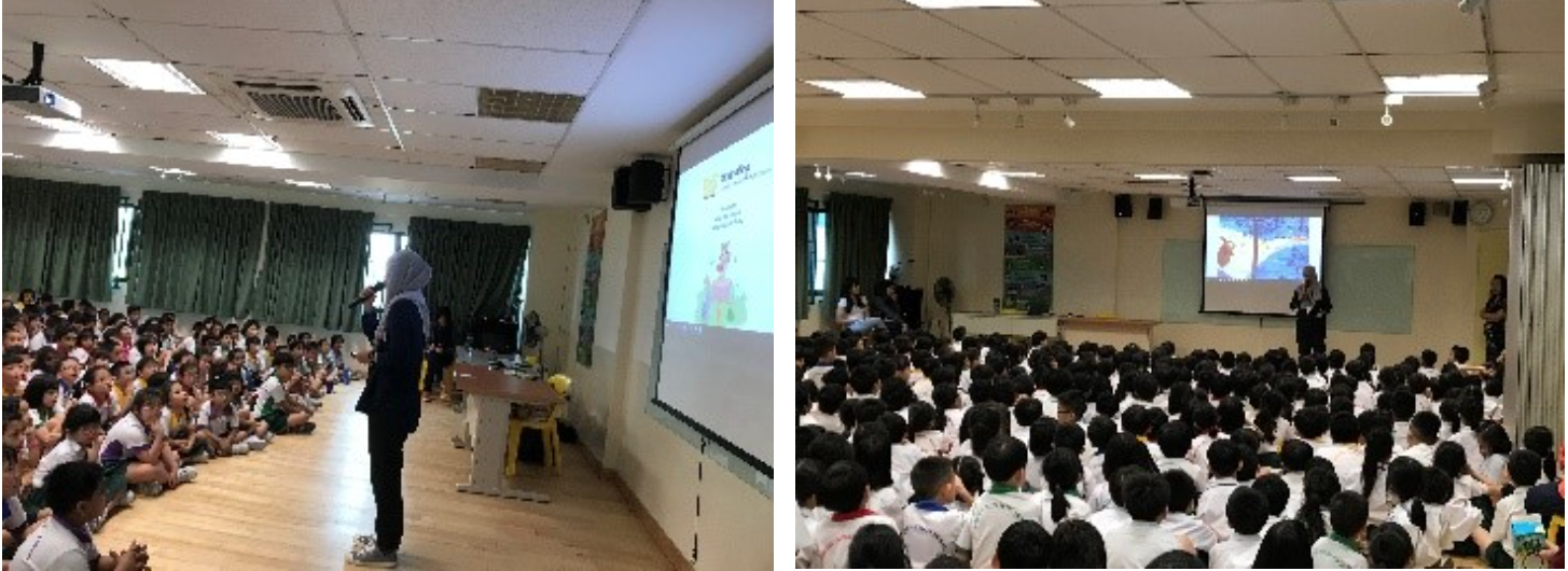 Two school assembly scenes showing a presenter speaking to large groups of students seated on the floor facing a projection screen.