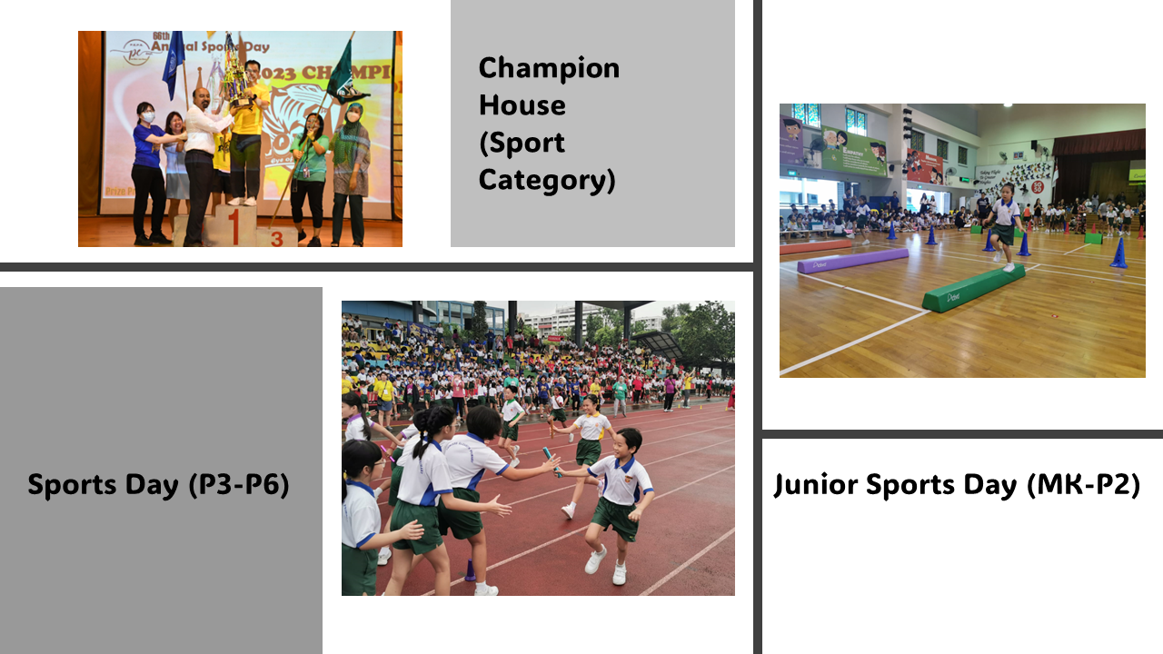Three school sports day photos showing a champion house award, a relay race, and young children doing indoor gymnastics activities.