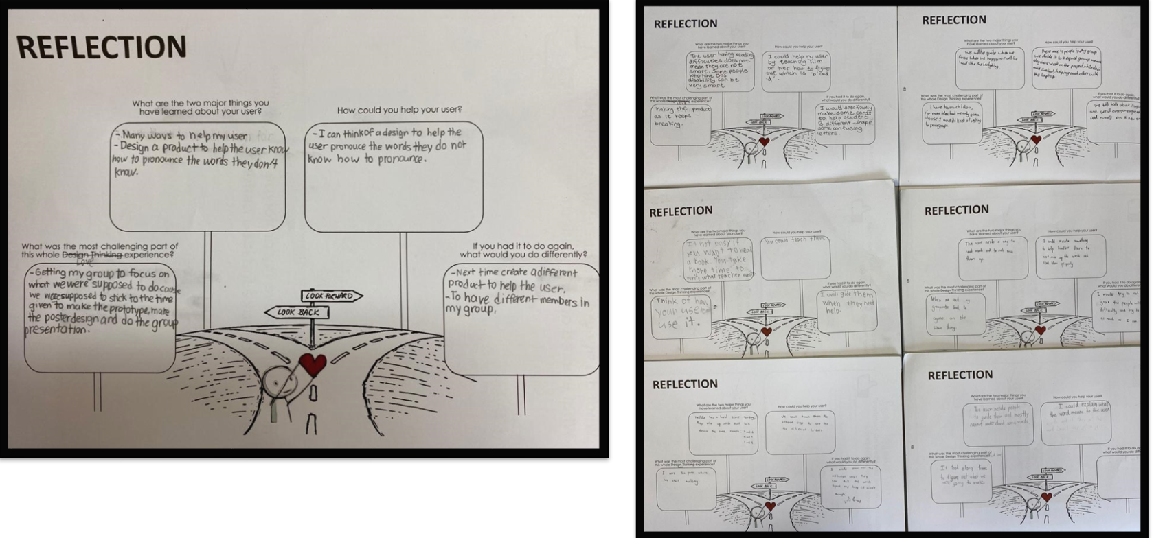 Handwritten student reflection worksheets with four prompts, featuring a crossroads drawing with "Look Back" and "Look Forward" signs.