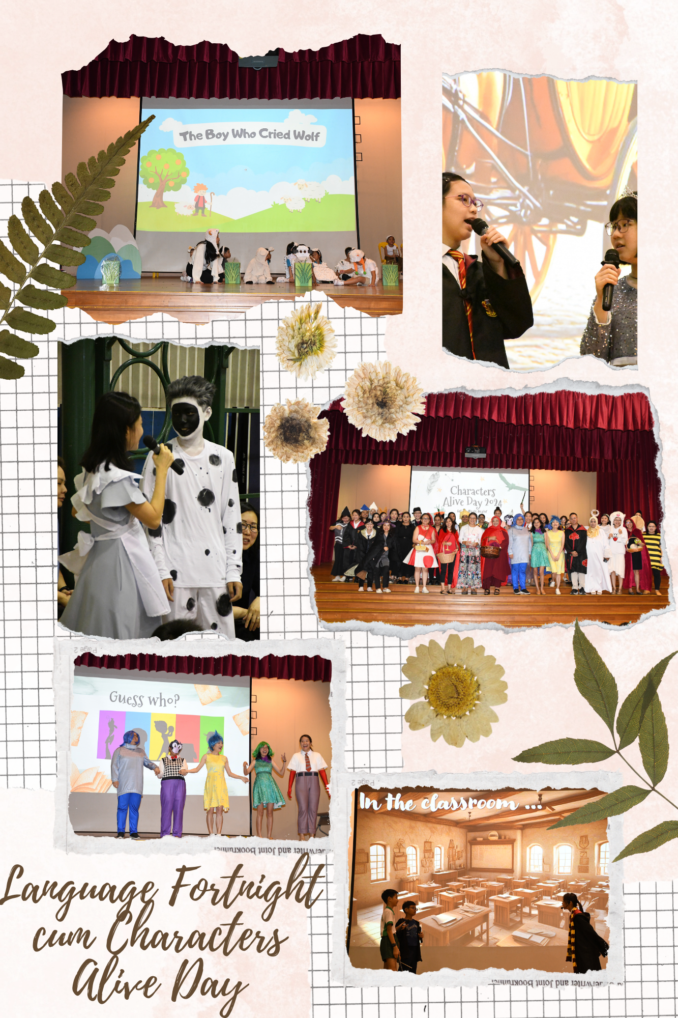 Collage of school stage scenes, kids in costumes and singing, with text Language Fortnight cum Characters Alive Day