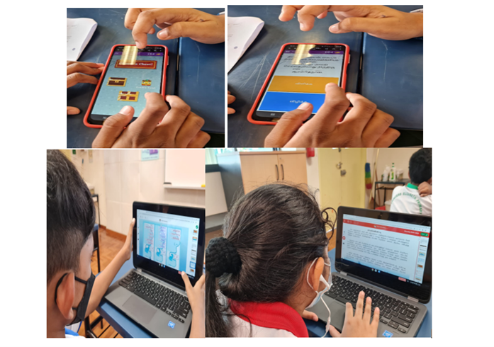 Children using smartphones and laptops for learning, with close-ups of hands tapping on a phone screen.