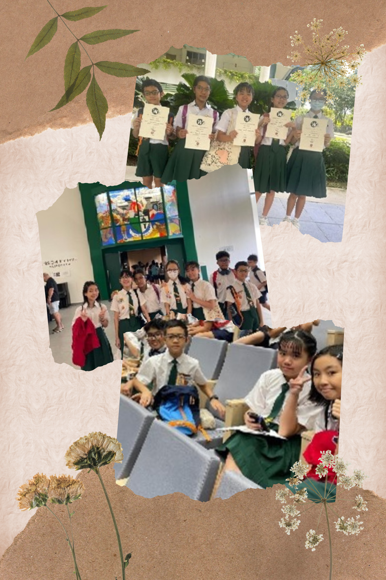 Collage of students in school uniforms holding certificates, posing indoors, and sitting in auditorium seats.