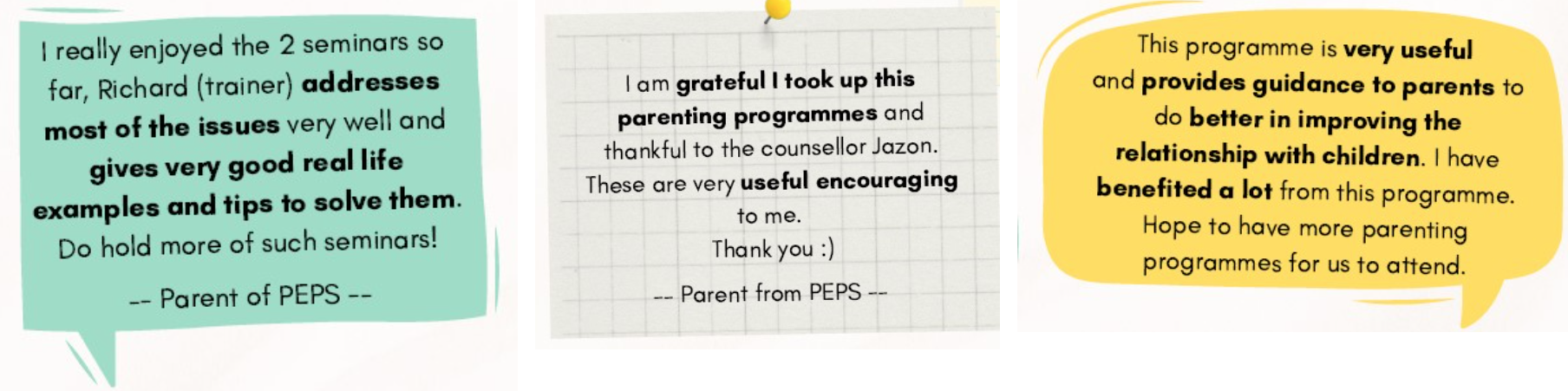Three testimonials from PEPS parents praising parenting seminars, displayed in teal, grid-paper, and yellow speech bubble styles.