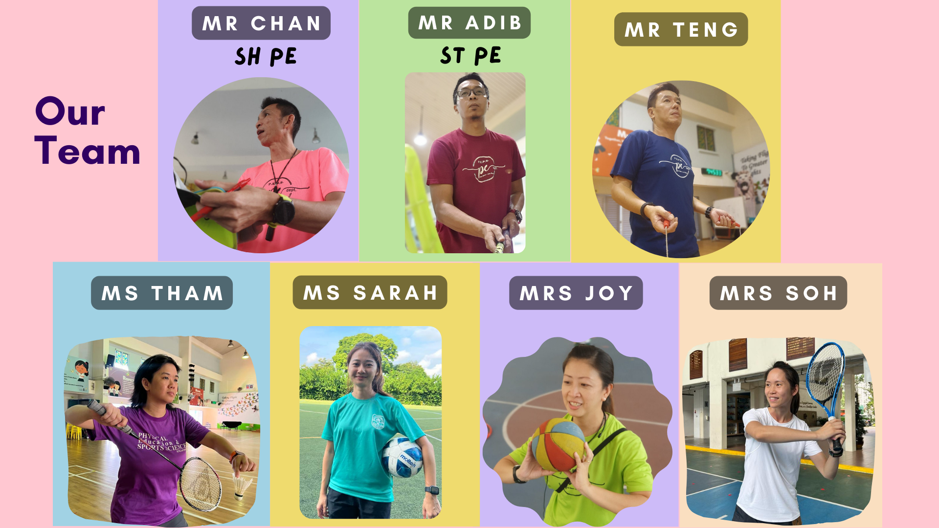 A PE department team collage featuring seven teachers: Mr Chan, Mr Adib, Mr Teng, Ms Tham, Ms Sarah, Mrs Joy, and Mrs Soh.