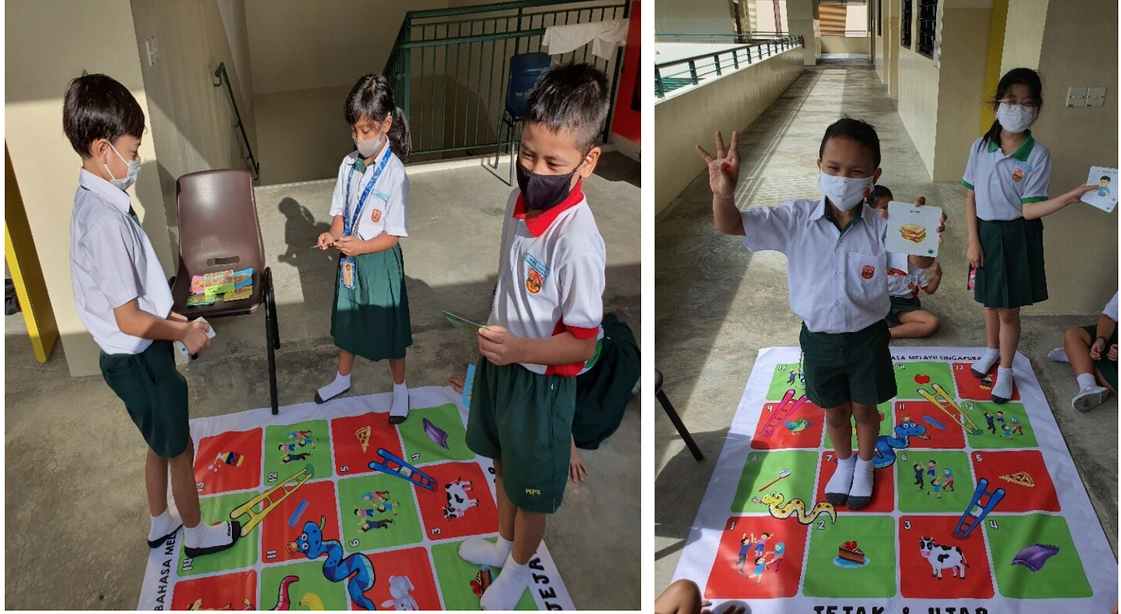 Students playing a Malay language snakes-and-ladders floor game during Language Fortnight