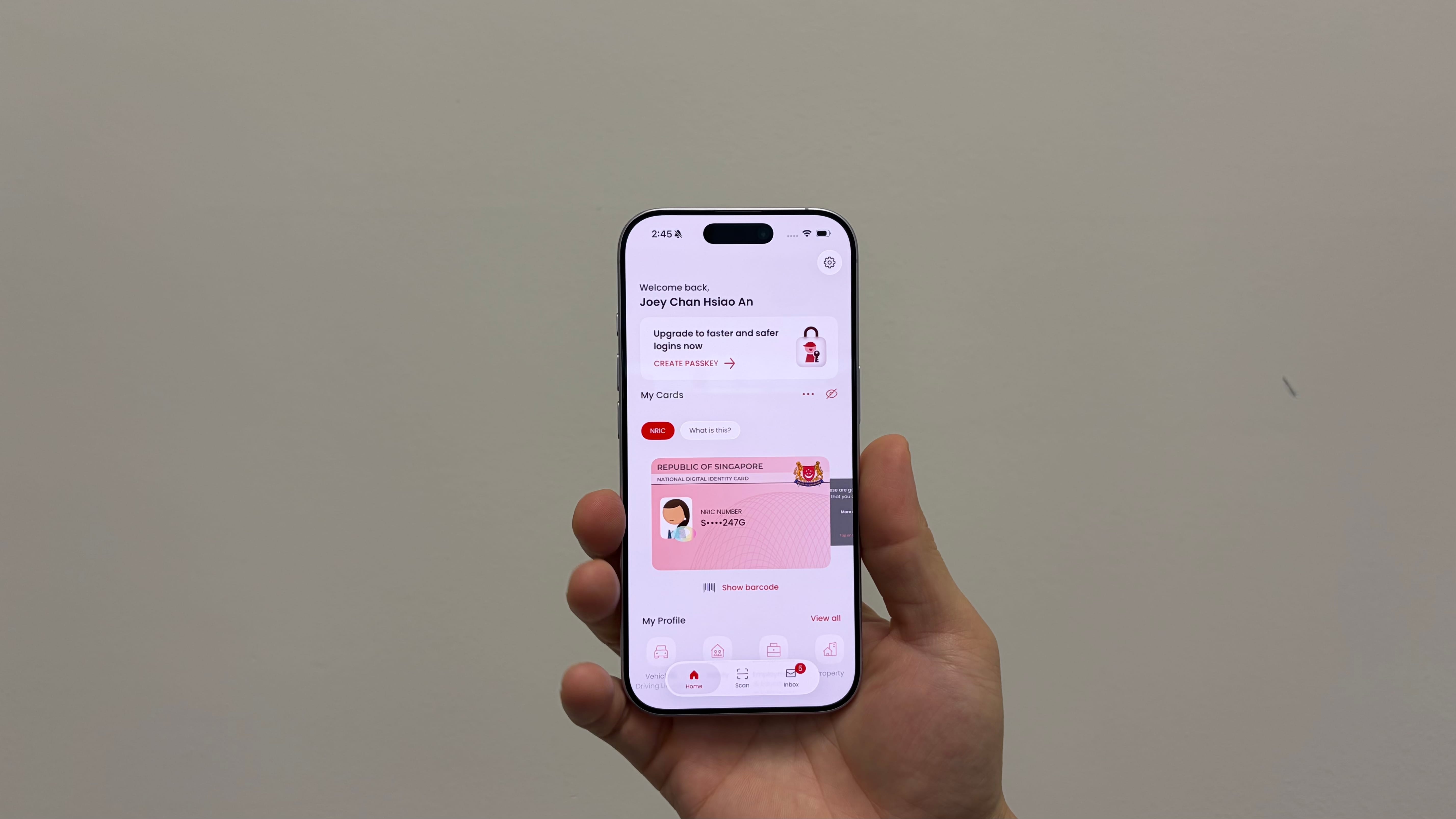 Create passkey in the Singpass app