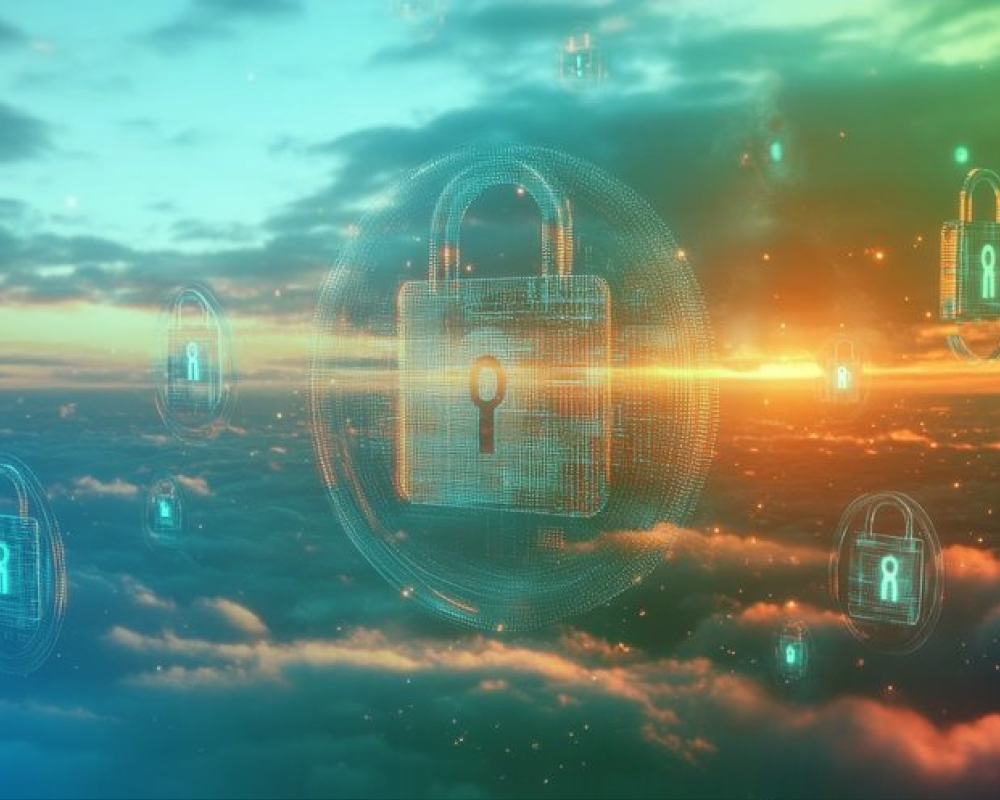 A futuristic digital illustration symbolising security in the cloud