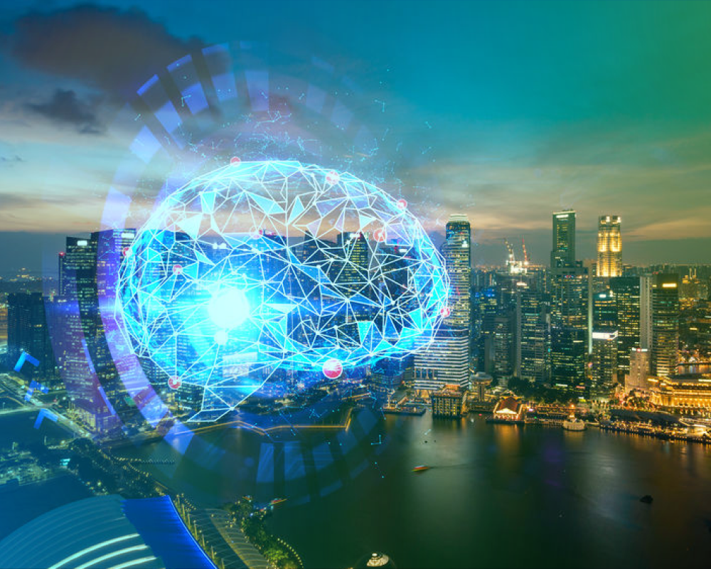 The image represents the integration of artificial intelligence (AI) within an urban environment.