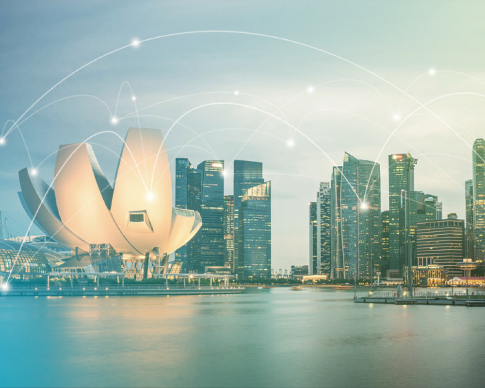 Image of Singapore skyline with digital network connections.