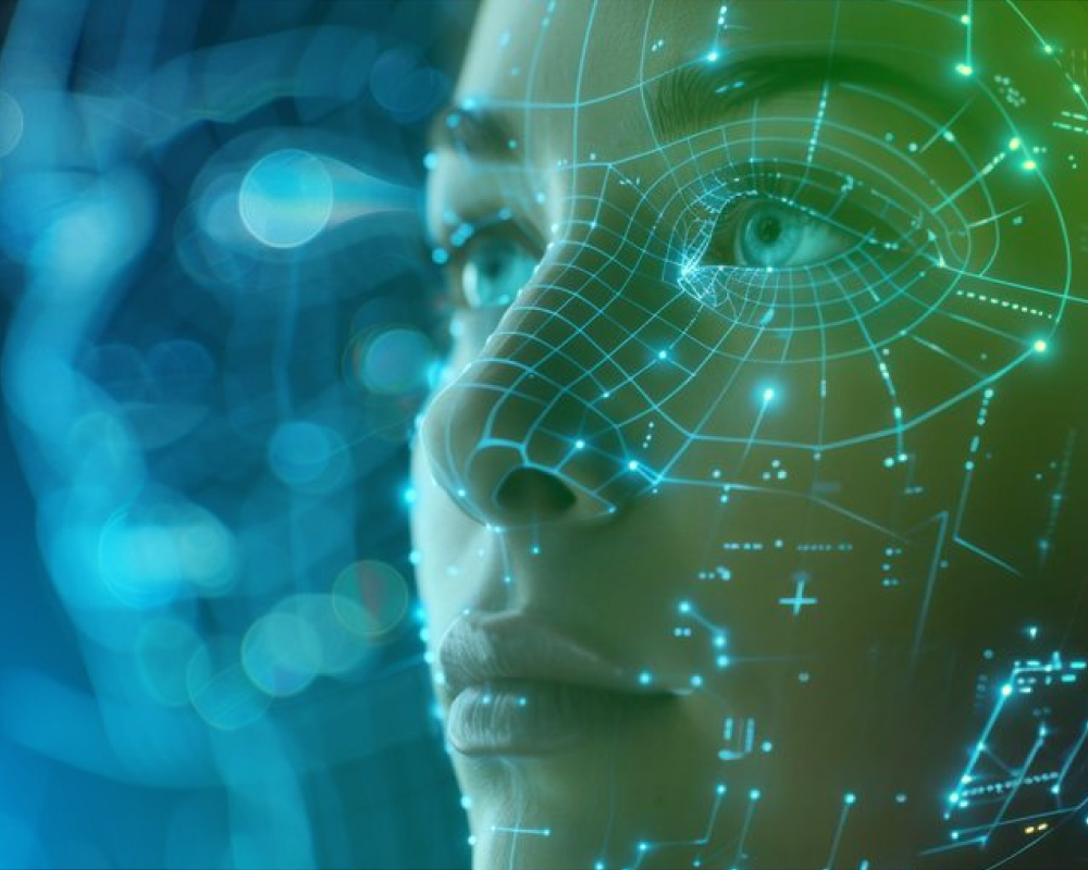 Image of an abstract digital overlay on a human face, symbolising the intersection of technology, identity, and synthetic media.
