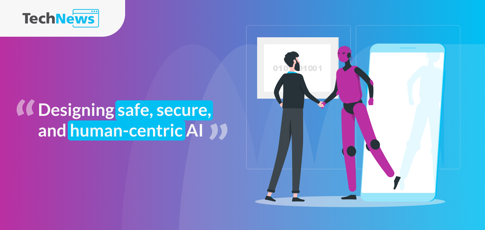 Illustration of a person shaking hands with a humanoid robot, representing collaboration in designing safe and human-centric AI.