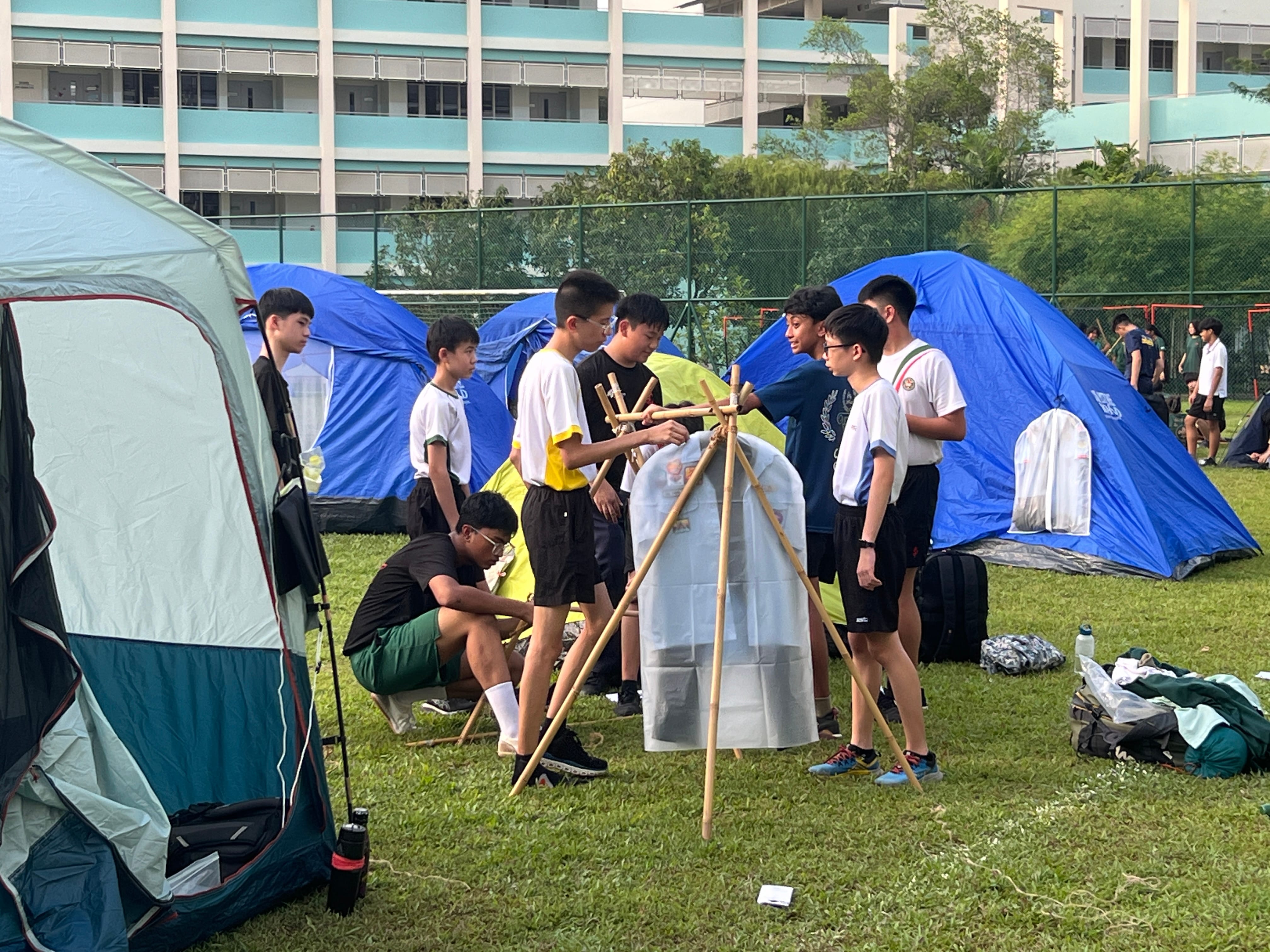 A group of boys assembles a bamboo structure on a grassy field surrounded by blue and grey tents near a school building.