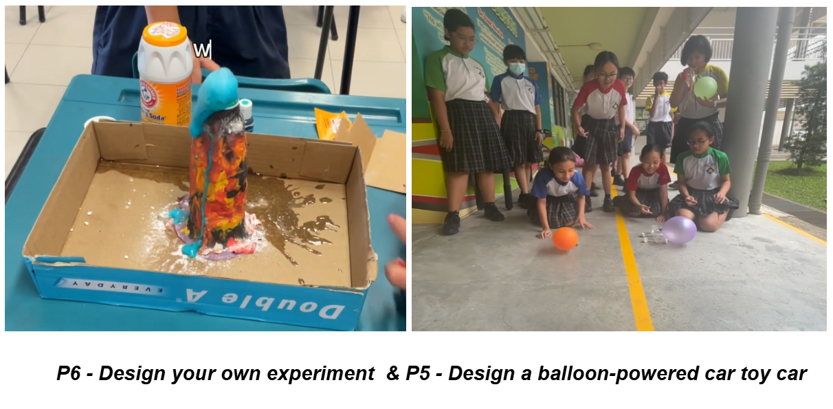 Students doing a baking soda volcano experiment and a group testing a balloon-powered toy car in a school corridor.