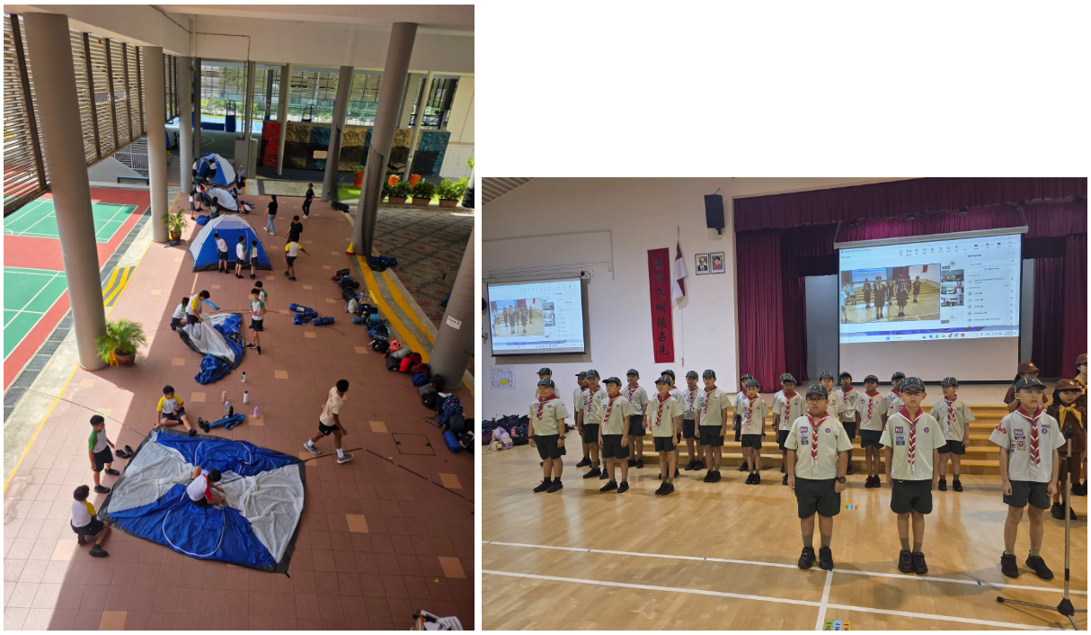 Boys in scout uniforms stand in a hall; separately, children set up blue tents on a covered school courtyard.