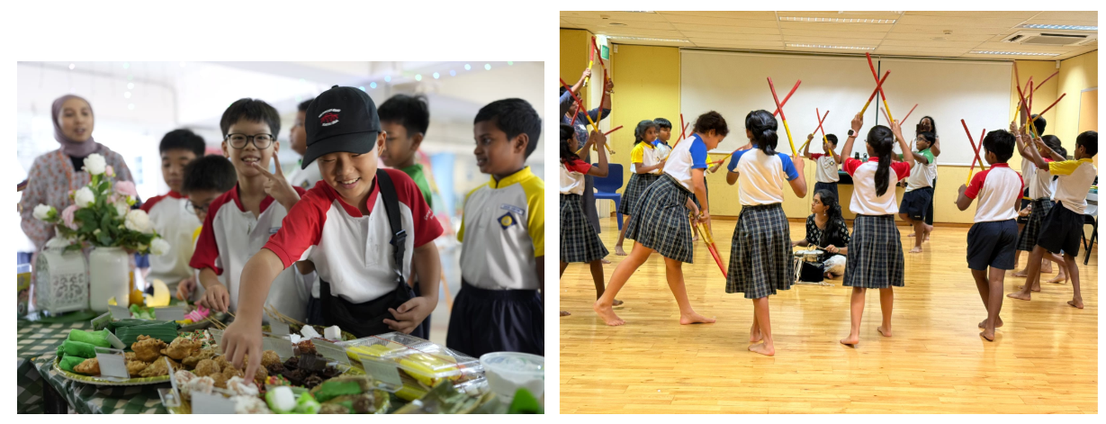 Children pick food from a table on the left; on the right, students in uniforms hold red sticks during a dance activity.