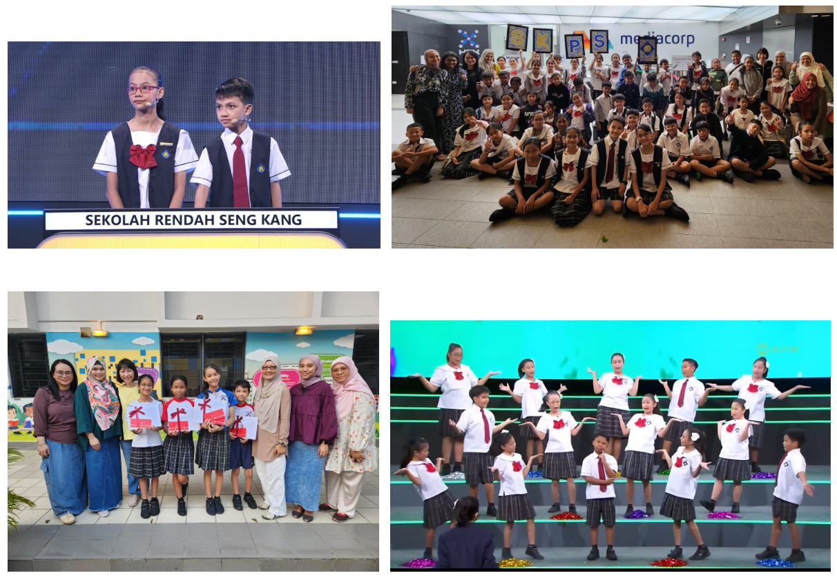 Four photos of Seng Kang Primary school students in uniforms performing, posing at Mediacorp, and receiving awards.
