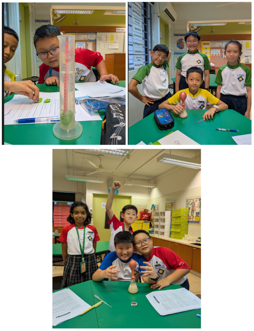Three photos of young students in school uniforms doing science experiments with measuring cylinders and flasks in a classroom.