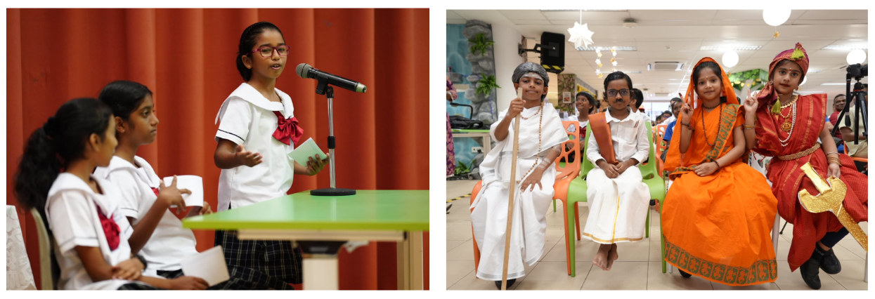 Two school scenes: a girl speaking at a microphone, and four children in traditional Indian costumes seated together.