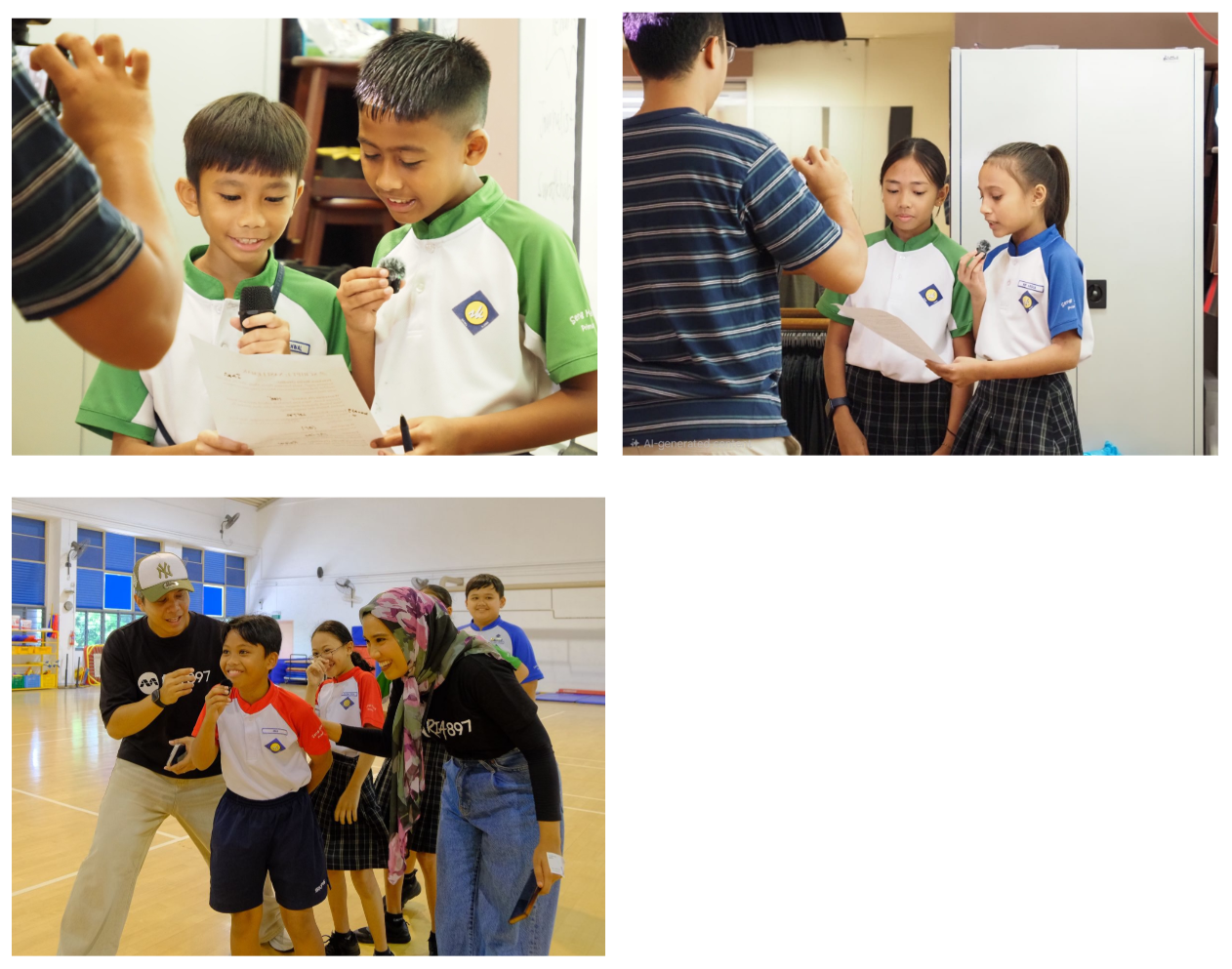 Three photos of school children in uniforms doing activities with microphones and papers, guided by adults indoors.