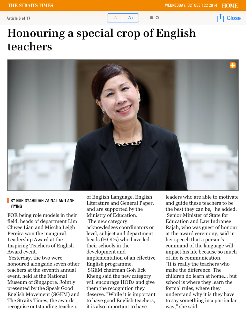 A smiling woman in a black blazer poses for a portrait in a Straits Times article about English teacher awards.