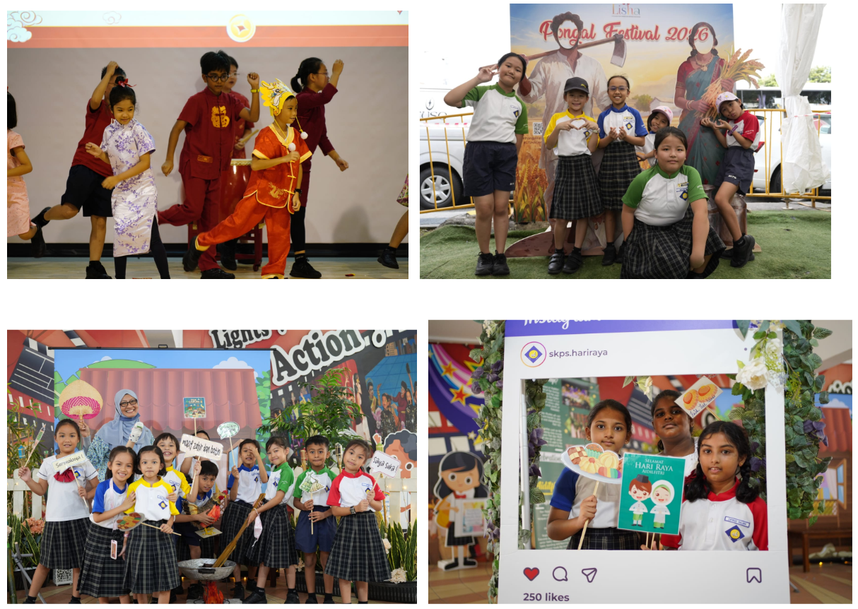 Four photos of schoolchildren celebrating cultural festivals including Chinese New Year, Pongal, and Hari Raya.