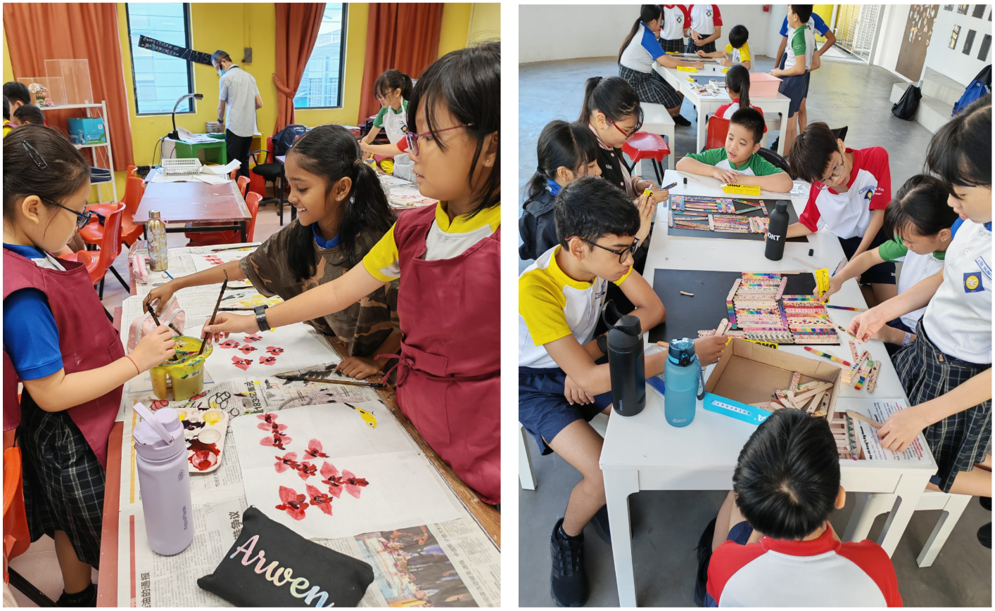 Children in school uniforms doing art activities: painting red flowers on the left and assembling craft sticks on the right.