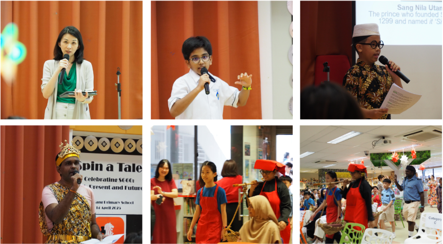Six-panel collage of a school storytelling event with students and adults speaking on stage and performing in costumes.