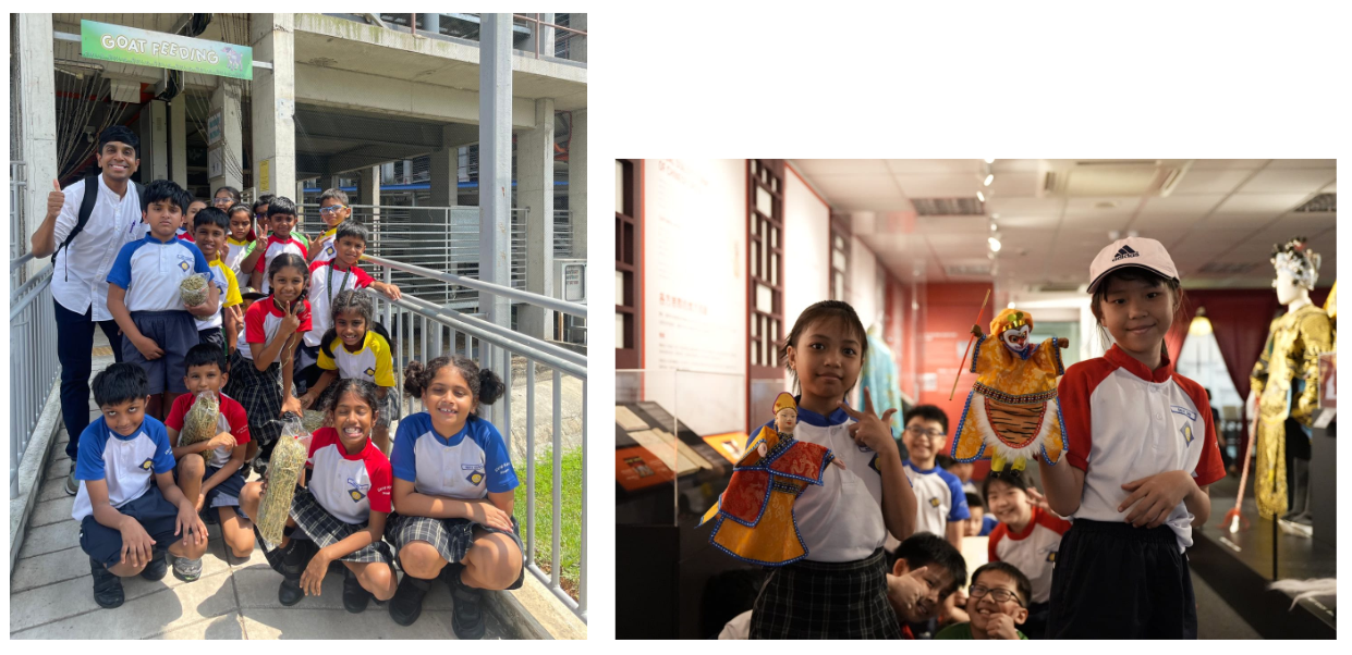 Two school trip photos: kids pose at a goat feeding area, and two girls hold colorful puppets in a museum.