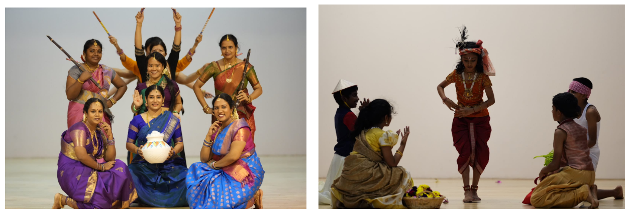 Women in colorful sarees pose holding sticks; a child in Krishna costume stands before seated children in a cultural performance.