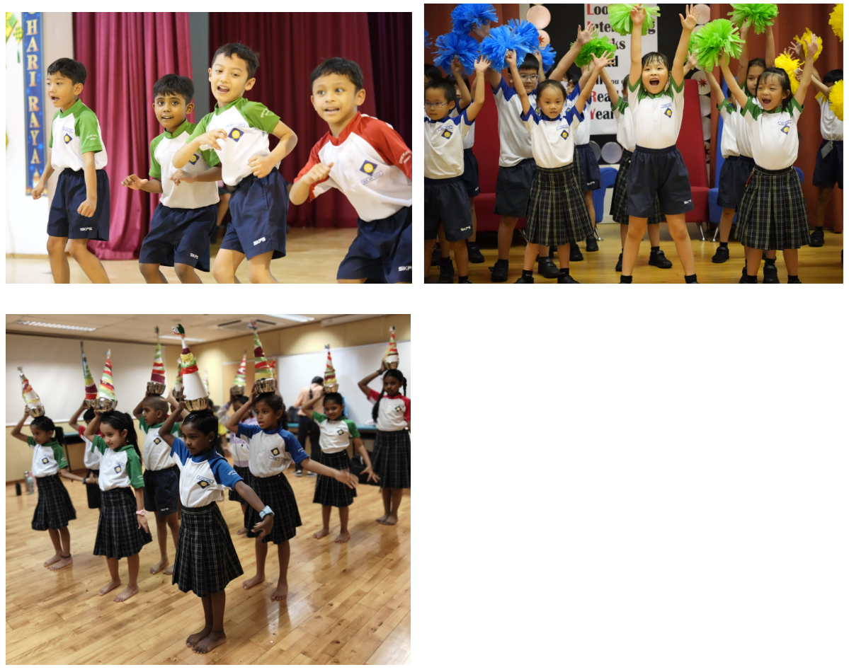 Three school performance scenes: boys dancing on stage, girls cheering with colorful pom-poms, and girls balancing pots on heads.