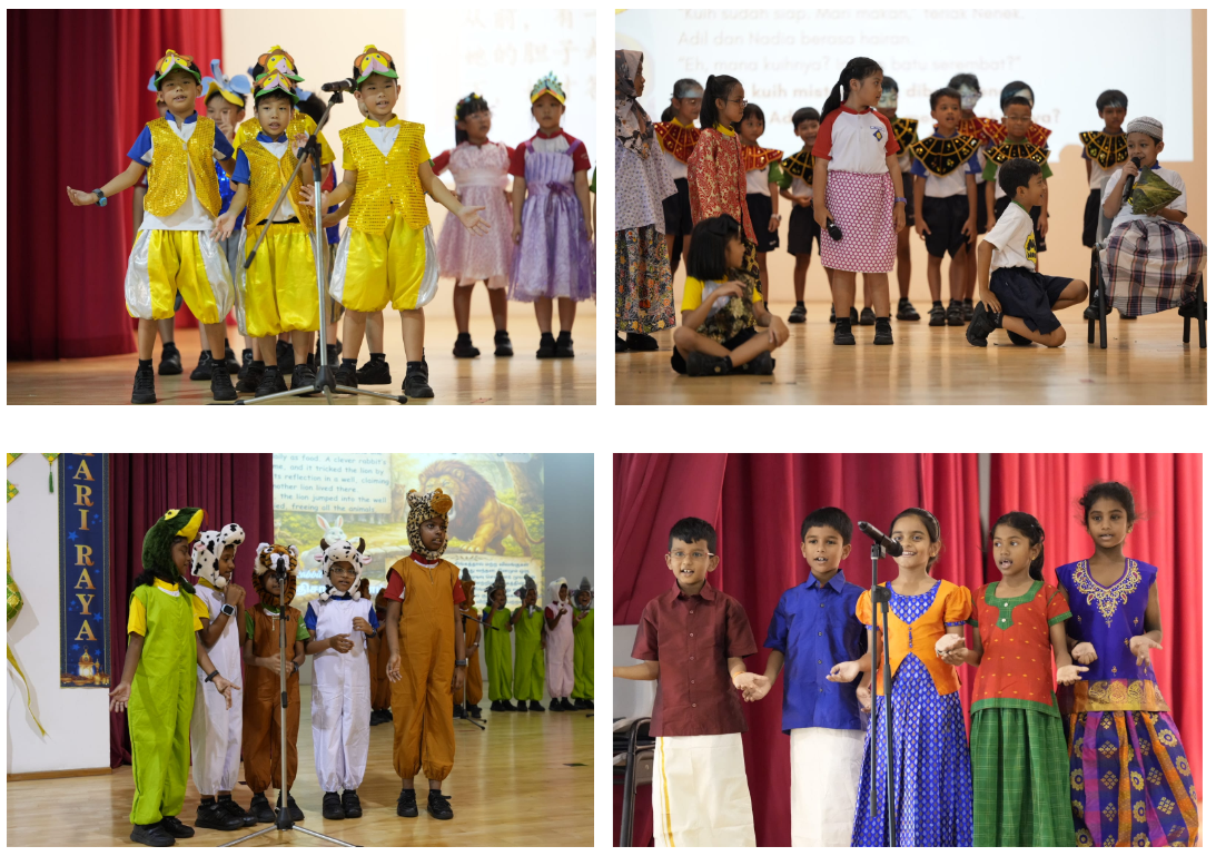 Four school performance scenes showing children in colorful cultural and animal costumes on stage.