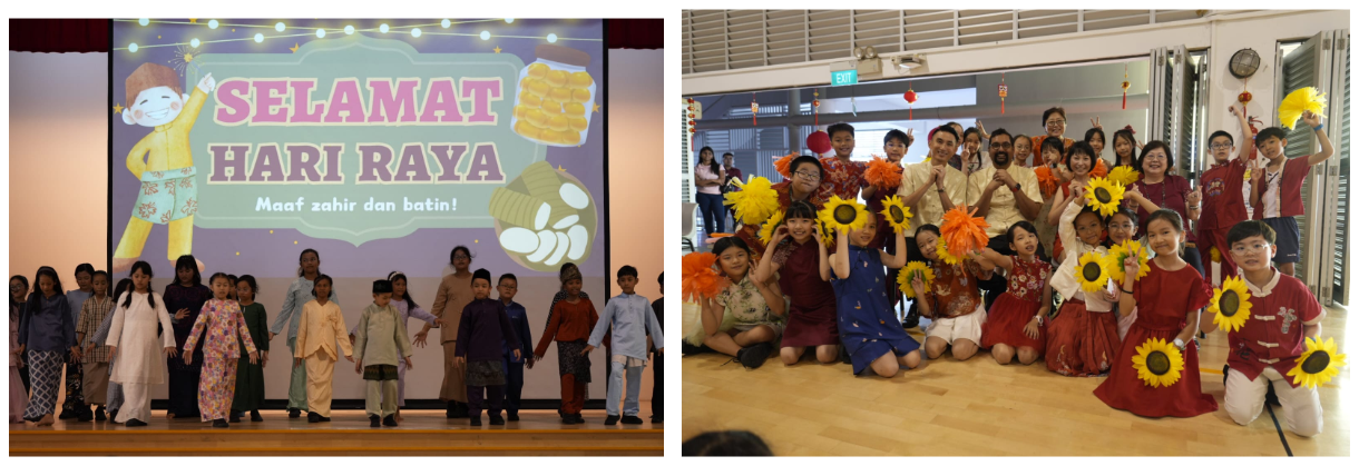Children in traditional attire on stage for Hari Raya; another group poses with sunflowers in festive outfits.