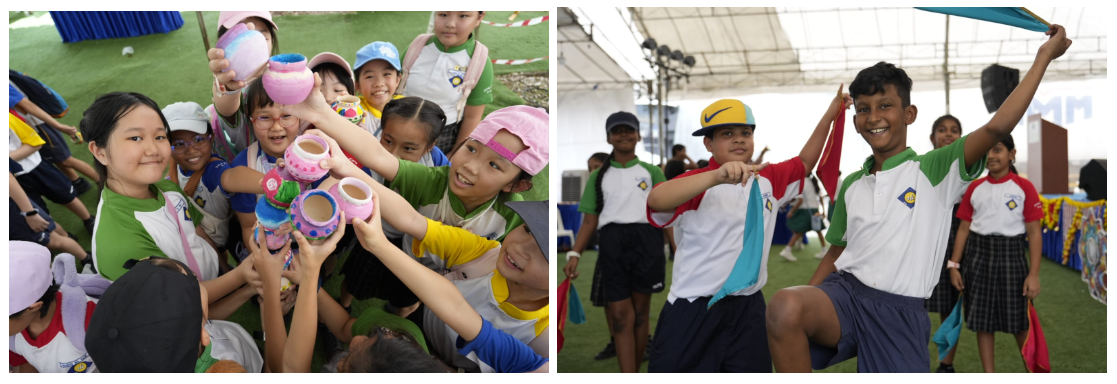 Children in school uniforms hold painted pots outdoors; two boys smile and wave fabric at an indoor event.