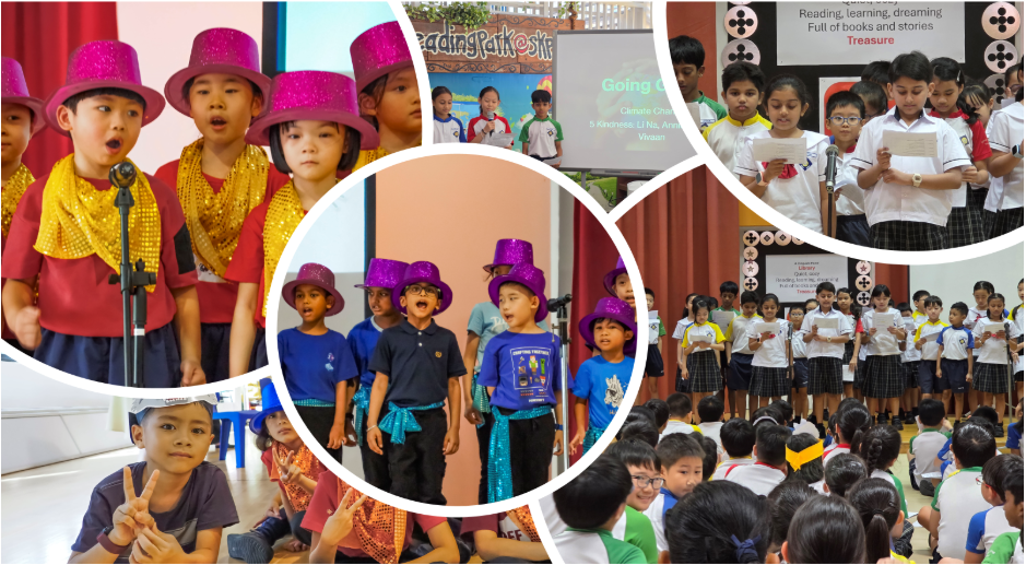 Children in colorful hats and costumes singing and performing on stage at a school reading event.
