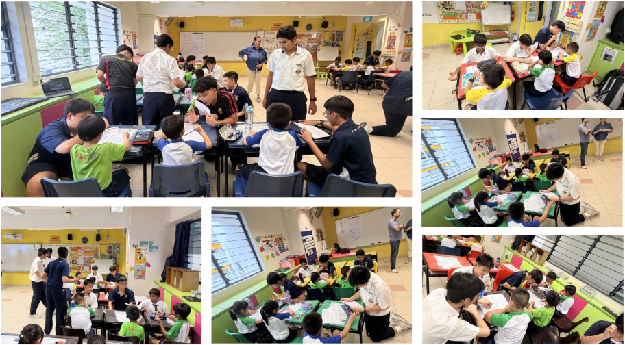 Older students in white uniforms assist young children at desks in a colorful classroom, shown from multiple angles.