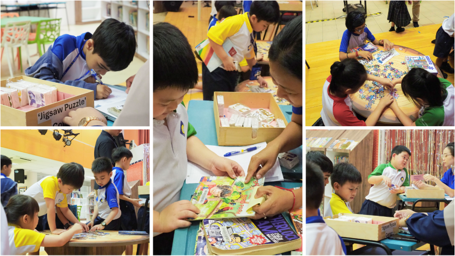 Children in school uniforms doing activities including jigsaw puzzles, reading books, and writing at tables.