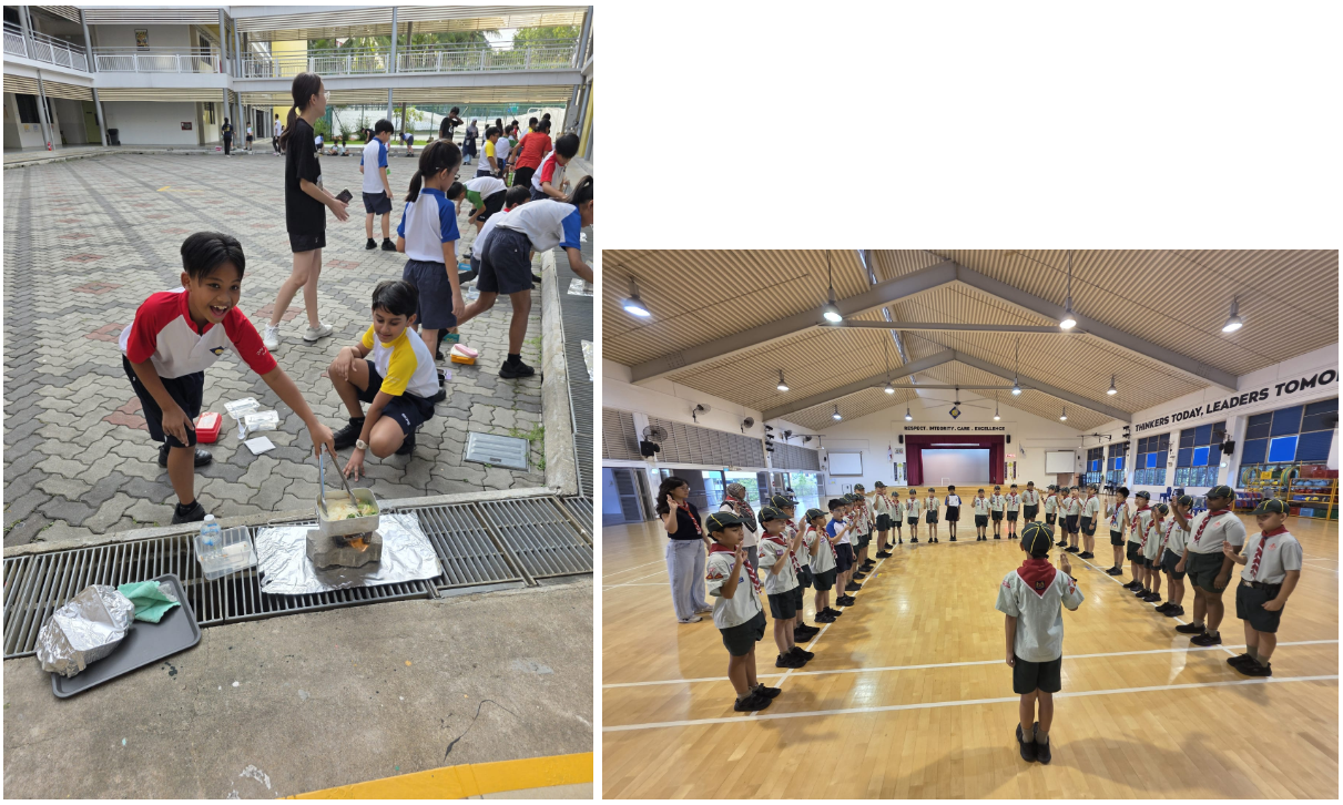 Children cook outdoors at school while scouts in uniform stand in a circle inside a hall labeled Thinkers Today Leaders Tomorrow.