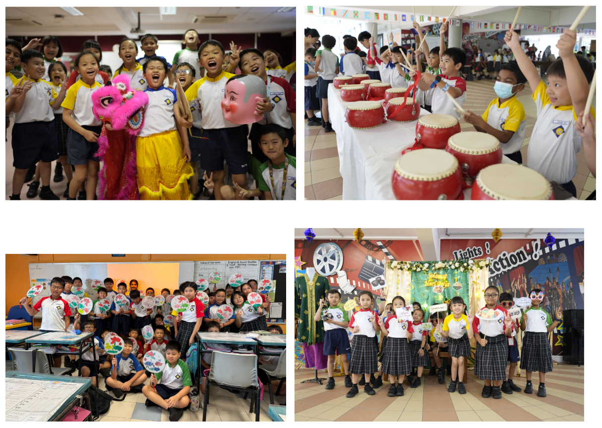 Four photos of young students in school uniforms doing cultural activities: lion dance, drumming, fan craft, and a stage performance.
