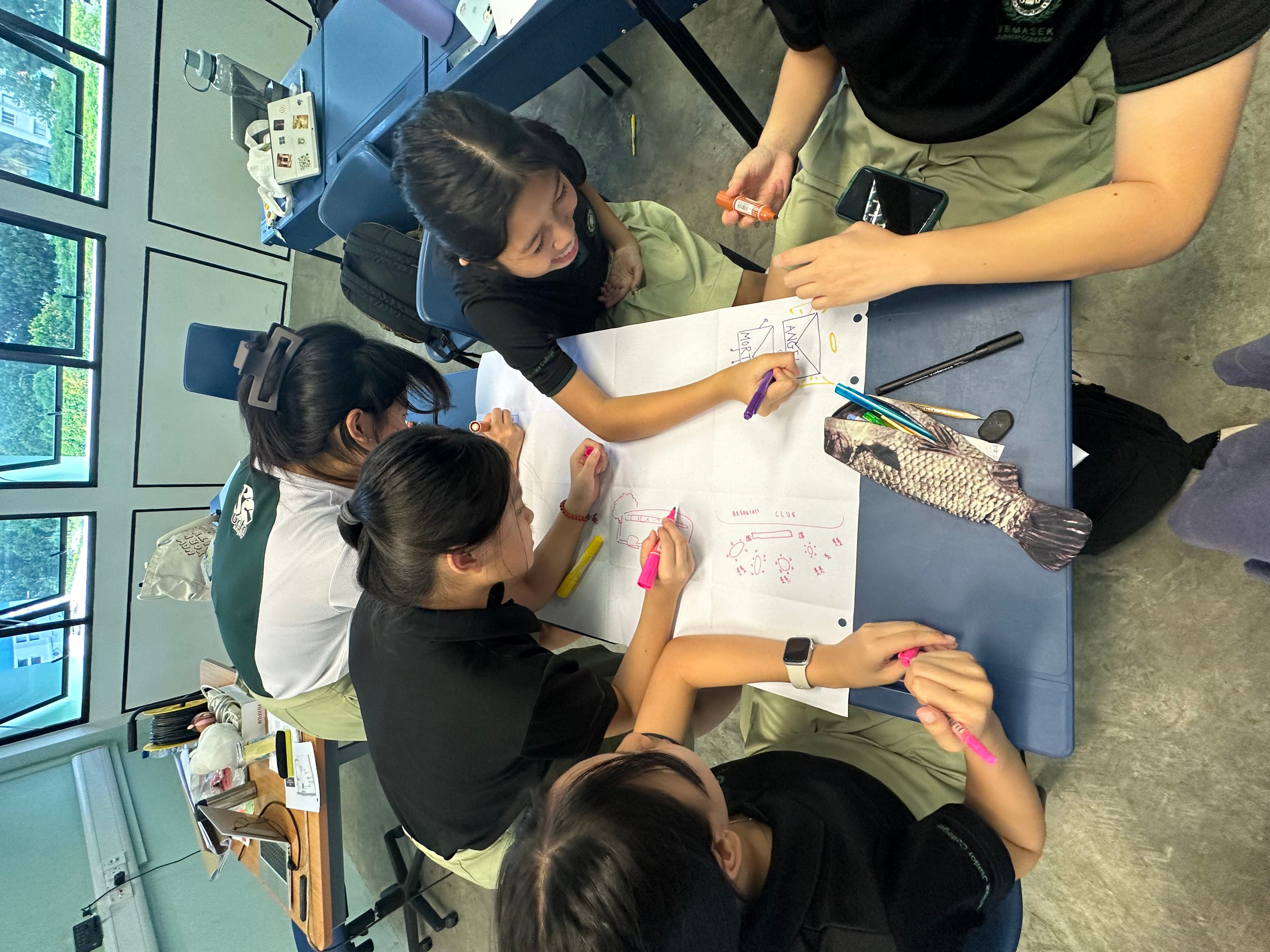 Four students in school uniforms lean over a large sheet of paper, drawing diagrams with colorful markers in a classroom.