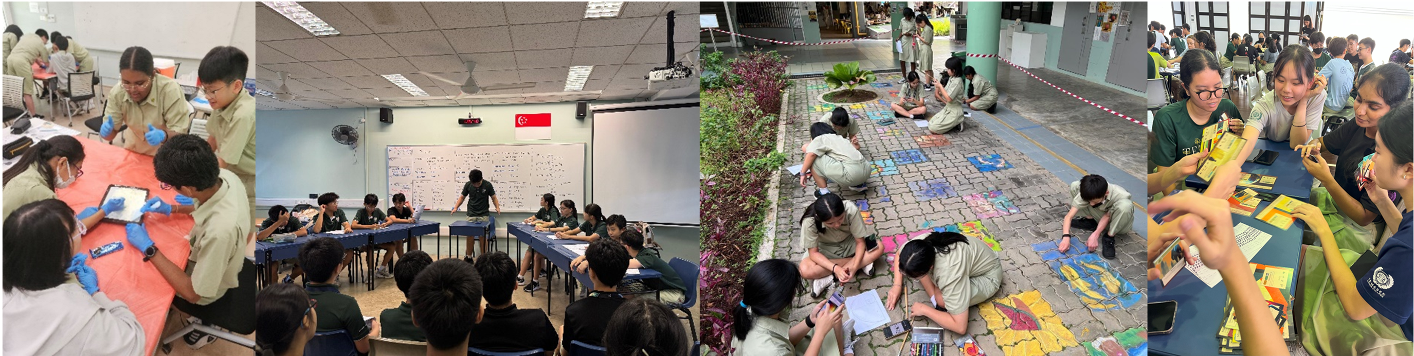 Four scenes of students in uniforms doing hands-on activities indoors and outdoors, including lab work and map puzzles.