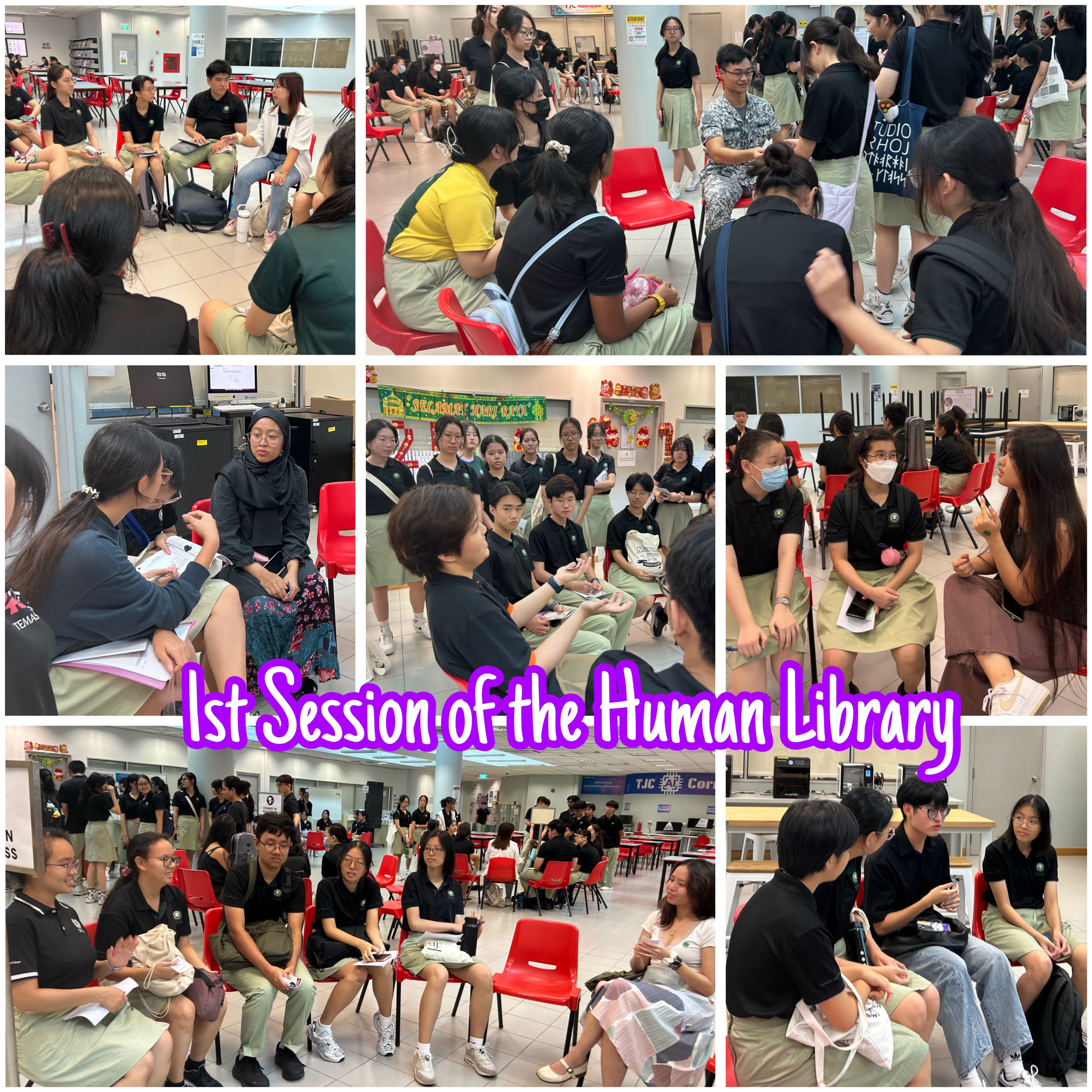 Students in school uniforms sit in small groups on red chairs during the 1st Session of the Human Library event.